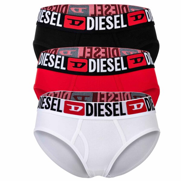 DIESEL womens high-waist briefs, 3-pack - SAM-D-CORE, cotton stretch, logo waistband Black/Red/White XS (X-Small)