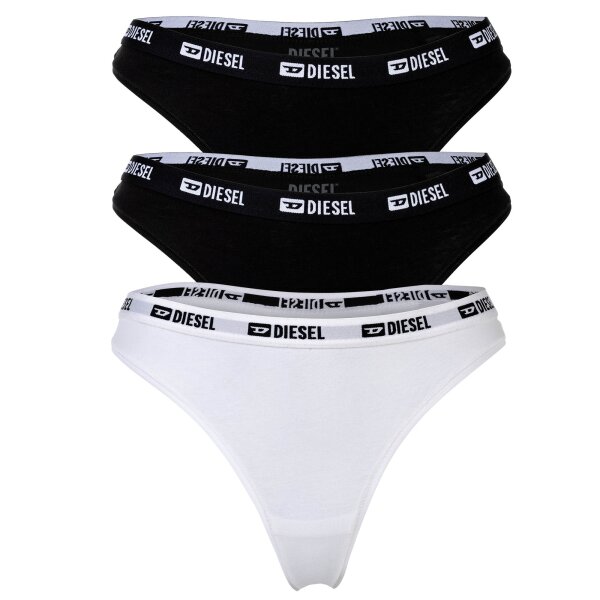 DIESEL womens thongs, 3-pack - LIZ-D-BOX, cotton stretch, logo waistband Black/White XS (X-Small)