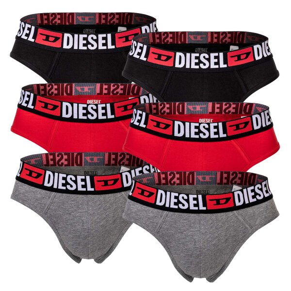 DIESEL Mens Briefs, 6-Pack - UMBR-ANDRETHREEPACK, Briefs, Cotton Stretch, plain Black/Grey/Red S (Small)