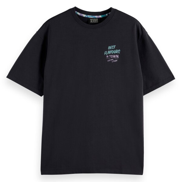 SCOTCH&SODA Herren T-Shirt mit Print - Relaxed Fit, Front and Back Art, Kurzarm, Print, Baumwolle Schwarz S