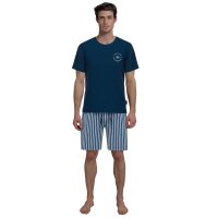 TOM TAILOR Herren Schlafanzug - kurz, Rundhals, Streifen, Pyjama, Baumwolle Blau M