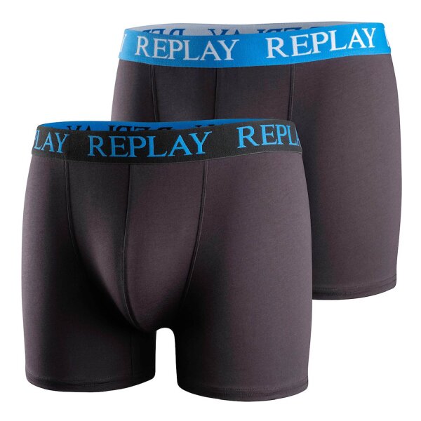 REPLAY Mens Boxer Shorts, Pack of 2 - Trunks, Cotton Stretch Black/Blue XXL (XX-Large)