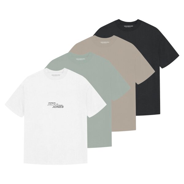JACK&JONES Herren T-Shirt, 4er Pack - JCOTARMAC BRANDING TEE CREW 4PK, Baumwollmischung Weiß/Schwarz/Beige/Grün M