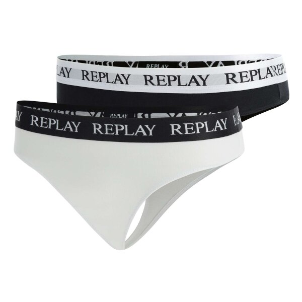 REPLAY womens thongs, pack of 2 - thong, logo waistband, cotton blend Black/White XL (X-Large)