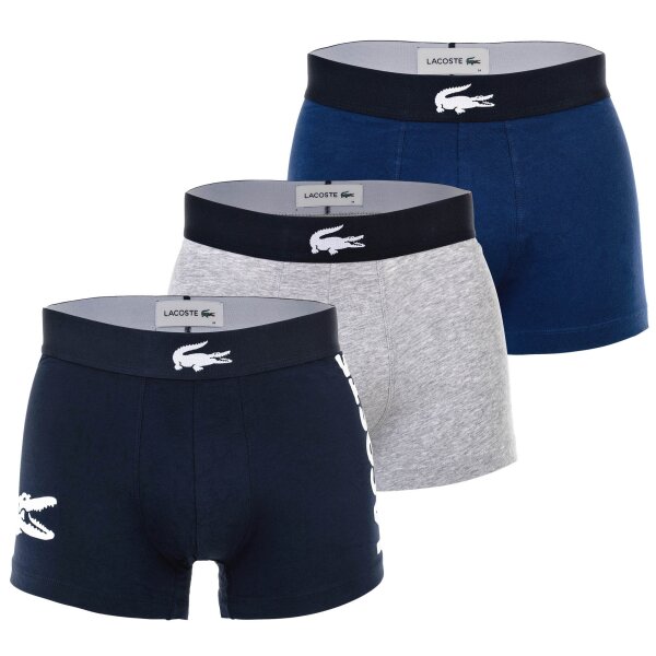 LACOSTE Herren Boxershorts, 3er Pack - Trunks, Big Croc Print, Cotton Stretch Dunkelblau/Grau M