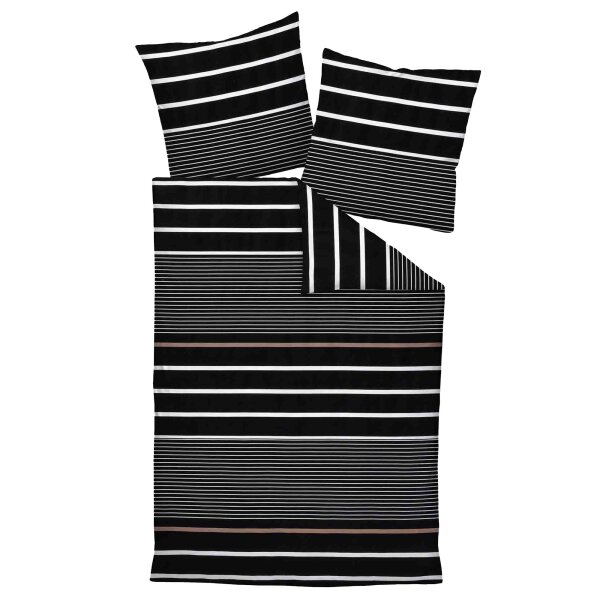 Janine bedding set, 2-piece – J.D., maco satin, cotton mercerised, silk finish, striped Nougat/Black 155x220cm