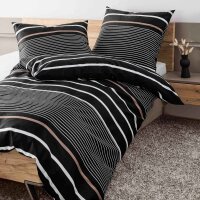 Janine bedding set, 2-piece – J.D., maco satin, cotton mercerised, silk finish, striped Nougat/Black 155x220cm