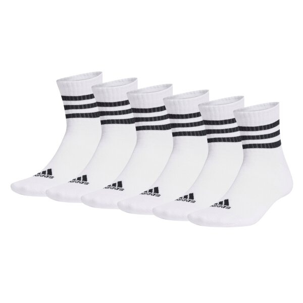 adidas Unisex Quartersocken, 6er Pack - 3-Stripes Cushioned Sportswear Mid-Cut Socks, Logo, Streifen, gepolstert Weiß 37-39