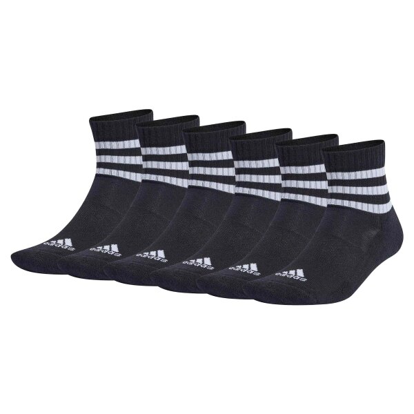 adidas Unisex Quartersocken, 6er Pack - 3-Stripes Cushioned Sportswear Mid-Cut Socks, Logo, Streifen, gepolstert Schwarz 37-39