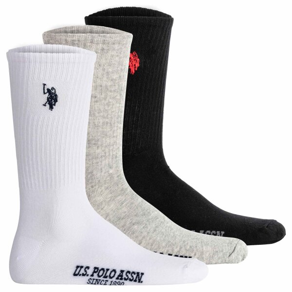 U.S. POLO ASSN. Herren Tennissocken, 3er Pack - Sportsocken, Logo, Baumwoll-Mix Weiß/Schwarz/Grau 43-46