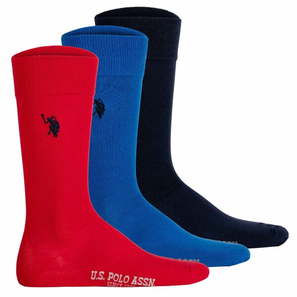 U.S. POLO ASSN. Herren Socken, 3er Pack - Business-Socken, Logo, Baumwoll-Mix Marine/Royalblau/Rot 43-46
