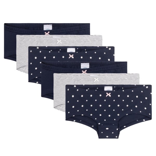 Sanetta Girls Underpants, 6-pack - Cutbrief, Underwear, Stretch Cotton, Single Jersey, patterned Dark Blue/White 152