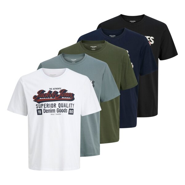 JACK&JONES Herren T-Shirt, 5er Pack - JJELOGO TEE O-NECK 5PK, Kurzarm, Rundhals, Baumwolle Weiß/Blau/Schwarz XL