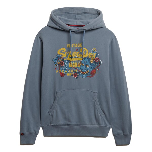 Superdry Men’s Hoodie - VI Tokyo Relaxed Hood, Hood, Vintage Cracked Print, plain Blue L (Large)