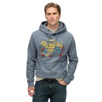 Superdry Men’s Hoodie - VI Tokyo Relaxed Hood, Hood, Vintage Cracked Print, plain Blue L (Large)