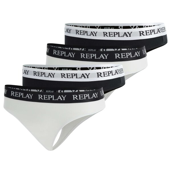 REPLAY womens thongs, pack of 4 - thong, logo waistband, cotton blend Black/White XL (X-Large)