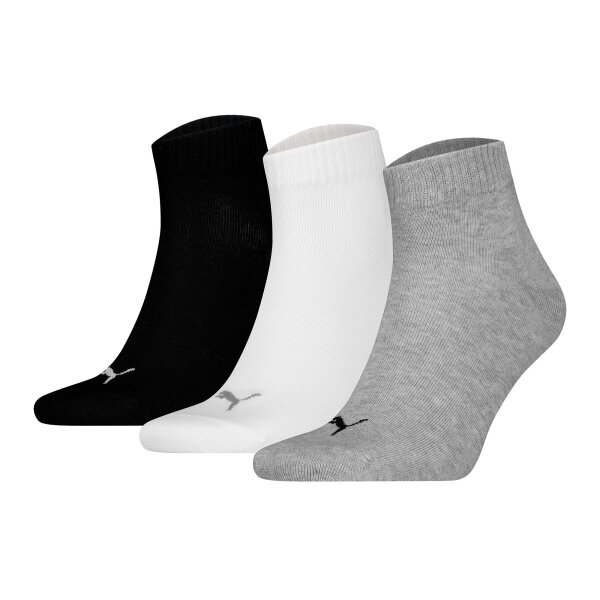PUMA Unisex Quartersocken, 3er Pack - Quarter Plain 3P, Logo, einfarbig Grau/Schwarz/Weiß 43-46