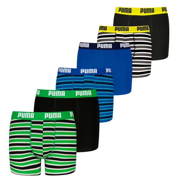 PUMA Boys Boxer Shorts, 6 Pack - Everyday Striped Boxers ECOM 6P, Cotton Stretch, Stripes Black/Blue/Green 122-128