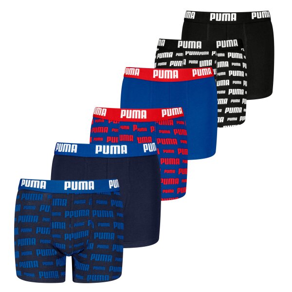 PUMA Jungen Boxer Shorts, 6er Pack - Everyday Logo Print Boxers ECOM 6P, Cotton Stretch Schwarz/Blau/Rot 122-128