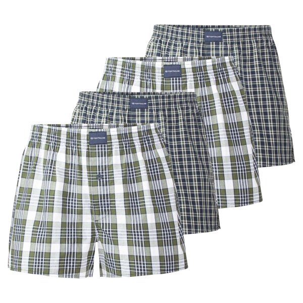 TOM TAILOR Mens Woven Boxer Shorts, 4-Pack - Underwear, Underpants, Cotton, Logo, checkered Blue/Green/White S (Small)