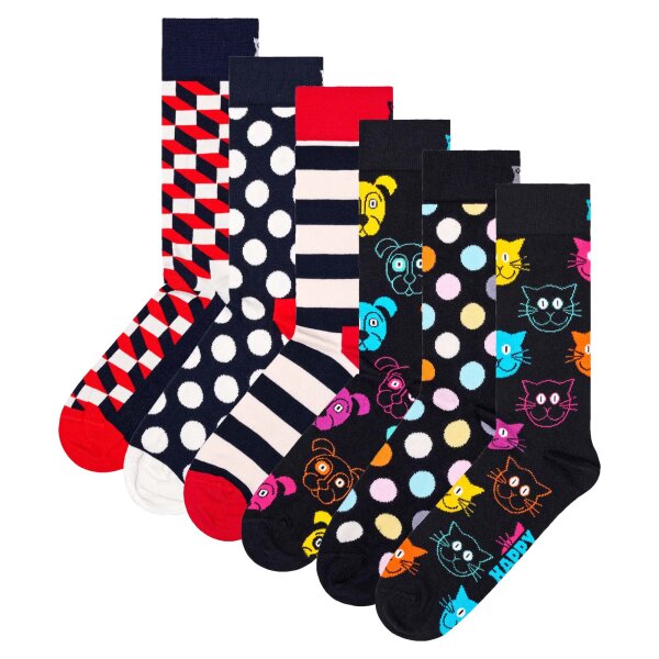 Happy Socks Unisex Socken, 6er Pack - Classic, Muster, Baumwollmischung, gemischte Farben FilledOptic-Dog 36-40
