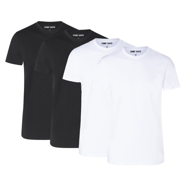 CAMP DAVID Herren T-Shirts, 4er Pack - Crew Neck T-Shirt 4P, Cotton Stretch Weiß/Schwarz M