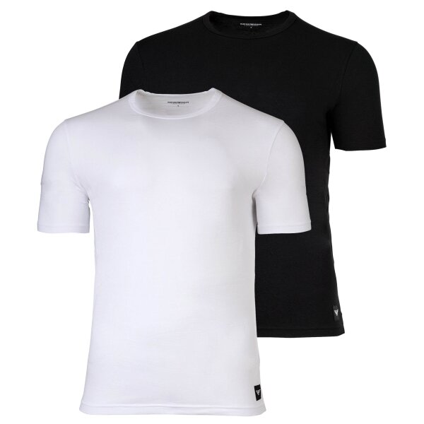EMPORIO ARMANI Herren T-Shirt, 2er Pack - ESSENTIAL LOGOLABEL, Rundhals, Regular Fit, Stretch Cotton Schwarz/Weiß M