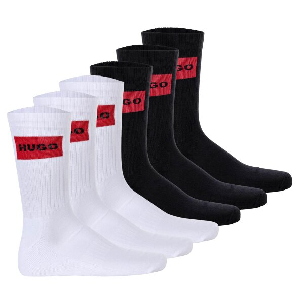 HUGO mens socks, 6-pack - QS Rib Label CC, ribbed, logo, cotton blend Black/white 39-42 (UK 5-8.5)