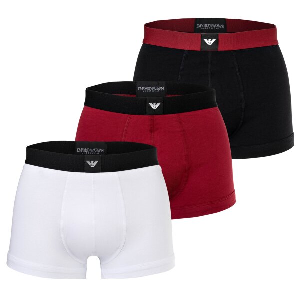 EMPORIO ARMANI Herren Trunks, 3er Pack - ESSENTIAL LOGOLABEL, Shorts, Stretch Cotton Schwarz/Rot/Weiß S