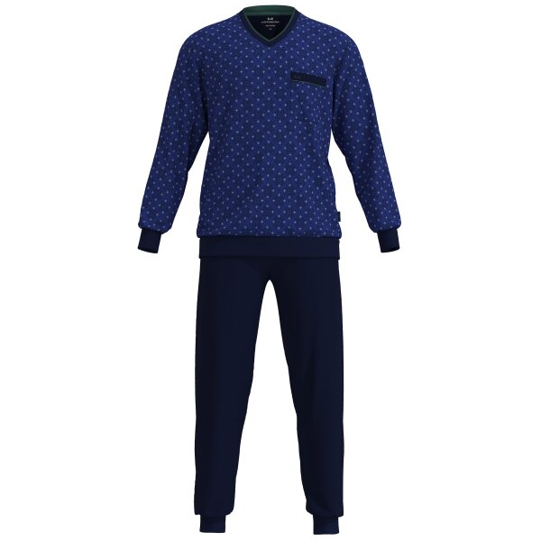 GÖTZBURG Herren Schlafanzug - lang,  Bündchen, V-Neck, Baumwolle, Pyjama Blau L