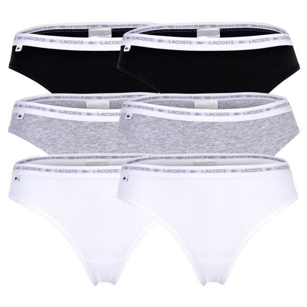LACOSTE Damen Strings, 6er Pack - Thong, Unterwäsche, Cotton Stretch, Logobund, einfarbig Schwarz/Grau/Weiß XS