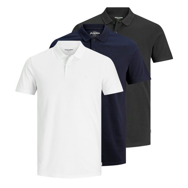 JACK&JONES Herren Poloshirts, 3er Pack - JJEBASIC POLO 3PK, Kurzarm, einfarbig, Baumwolle Schwarz/Blau/Weiß M