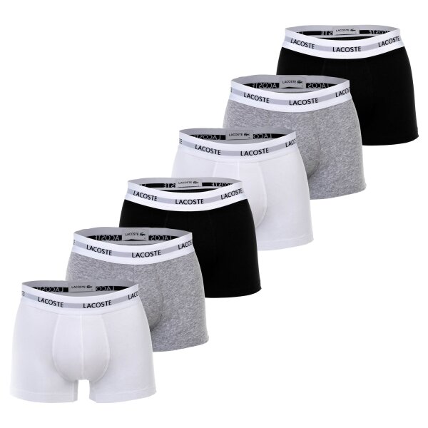 LACOSTE Herren Boxershorts, 6er Pack - Trunks, Cotton Stretch, Logobund Schwarz/Weiß/Grau S