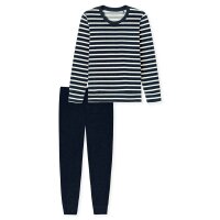 SCHIESSER Damen Schlafanzug, lang - Frottee, Bündchen, gestreift Blau L