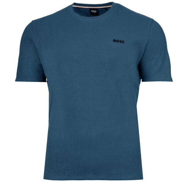 BOSS mens T-shirt, waffle look - Waffle T-shirt, logo, round neck, logo, cotton blend Blue 2XL (XX-Large)
