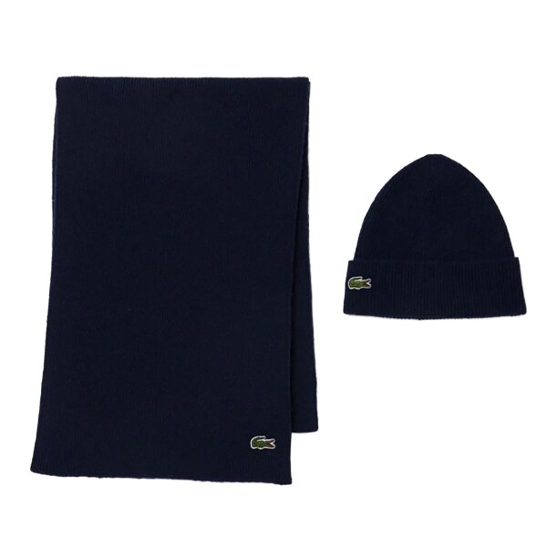 LACOSTE Men Scarf & Cap - Gift set, knitted cap, logo patch, one size Dark Blue