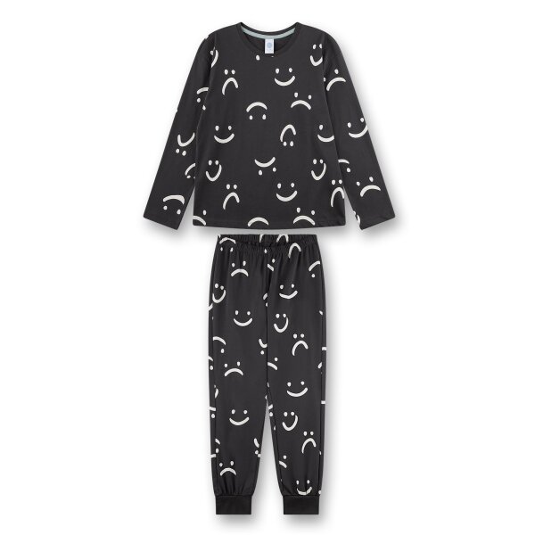 Sanetta Girls Pyjamas, long - Teens, Smiley all-over print, single jersey Black/White 140