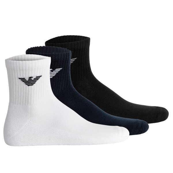 EMPORIO ARMANI Mens Quarter Socks, 3-Pack - SPORTY SPONGE, Ankle Socks, One Size White/Black/Blue 39-46 (UK 5-12)