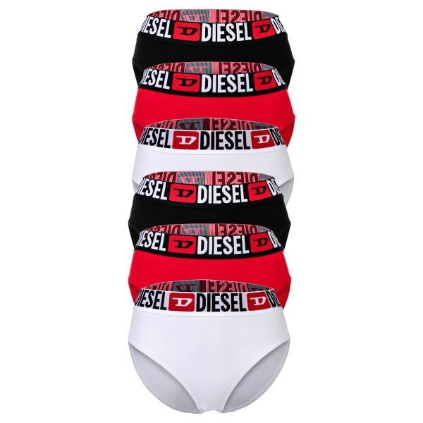 DIESEL womens high-waist briefs, 6-pack - SAM-D-CORE, cotton stretch, logo waistband Black/Red/White XS (X-Small)