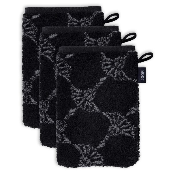 JOOP! Waschlappen, 3er Pack - Waschhandschuh, Doubleface, Walkfrottier Schwarz Cornflower 16x22cm