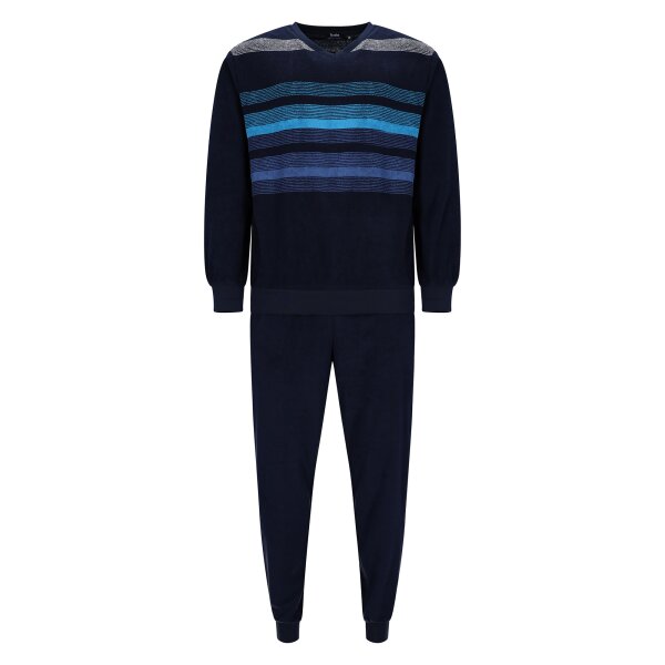 hajo Herren Schlafanzug, lang - Klima-Frottee, Bündchen, V-Ausschnitt, Pyjama Blau 3XL