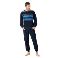 hajo Herren Schlafanzug, lang - Klima-Frottee, Bündchen, V-Ausschnitt, Pyjama Blau 3XL