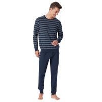 UNCOVER by SCHIESSER Herren Schlafanzug, lang - Bündchen, gestreift, Single Jersey Dunkelblau S