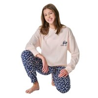 SCHIESSER Mädchen Schlafanzug, lang - Teens, Bündchen, Baumwolle, Print Beige/Blau 140