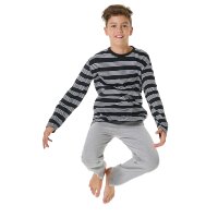 SCHIESSER Boys Pyjamas, Long - Teens, Open Leg, Cotton, Striped Black/Grey 140