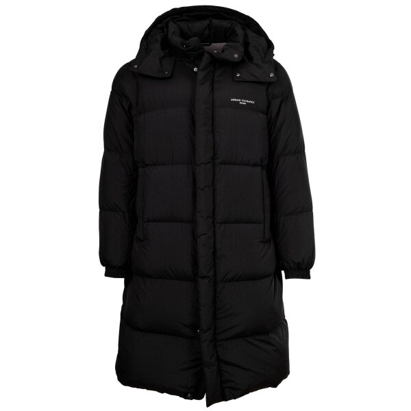 A|X ARMANI EXCHANGE Men’s Down Coat - Quilted Coat, Zipper, Hood, Logo Print Black S (Small)
