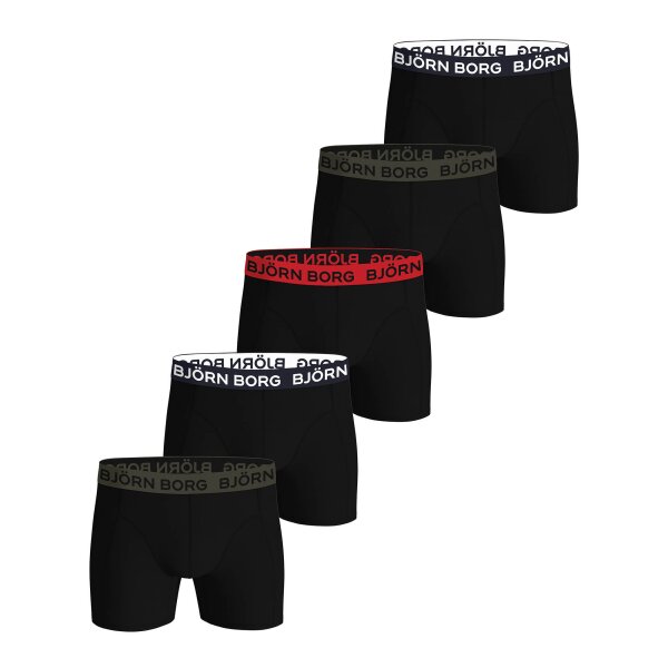 BJÖRN BORG Herren Boxershorts, 5er Pack - Cotton Stretch Trunks, Big Logo, Baumwolle, Logobund Schwarz/Rot/Grün M