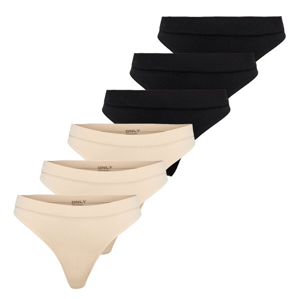 ONLY Damen Strings, 6er Pack - ONLVICKY RIB THONG, gerippt Schwarz/Beige XS/S