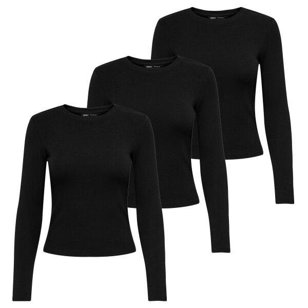 ONLY Womens Long-Sleeved Shirt pack of 3 - ONLRILEY O-NECK TOP, Long Sleeve, Round Neck, Cotton Stretch Black XS (X-Small)