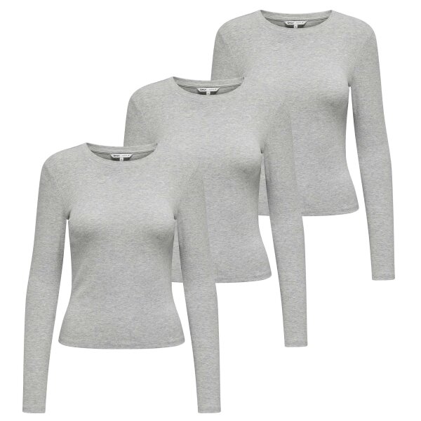 ONLY Womens Long-Sleeved Shirt pack of 3 - ONLRILEY O-NECK TOP, Long Sleeve, Round Neck, Cotton Stretch Grey XS (X-Small)
